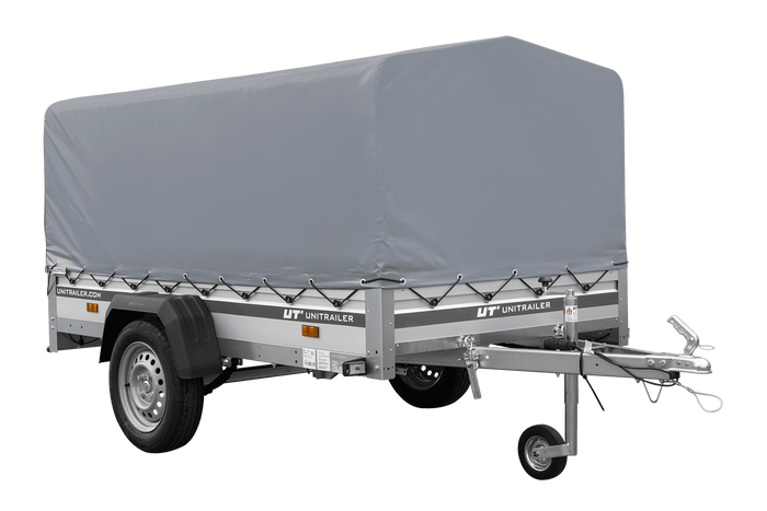 Przyczepka jednoosiowa na resorach z burtami aluminiowymi 230x125 Unitrailer Garden 230/R KIPP ALU ze stelażem H-800 i pokrowcem szarym