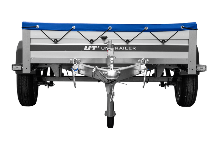 Przyczepka jednoosiowa na resorach z burtami aluminiowymi 200x125 Unitrailer Garden 201/R KIPP ALU ze stelażem H-0 i pokrowcem niebieskim