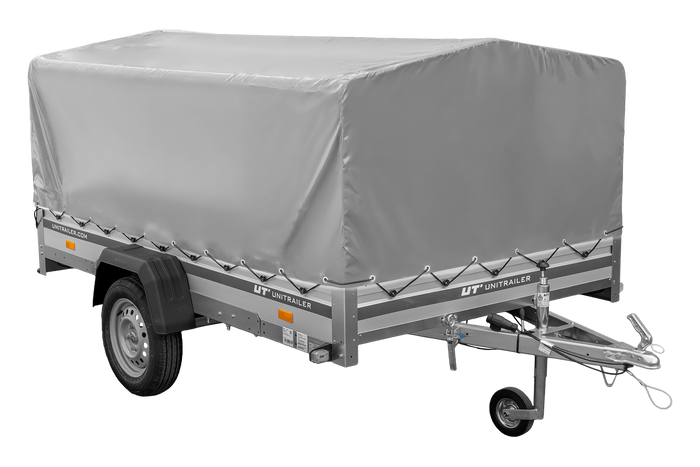 Przyczepka jednoosiowa z burtami aluminiowymi 264x150 Unitrailer Garden 265 KIPP ALU ze stelażem H-800 i pokrowcem szarym