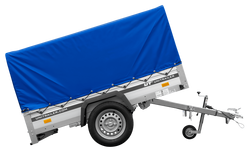 Przyczepka samochodowa na resorach z burtami aluminiowymi 200x125 Unitrailer Garden 201/R KIPP ALU ze stelażem H-800 i pokrowcem niebieskim