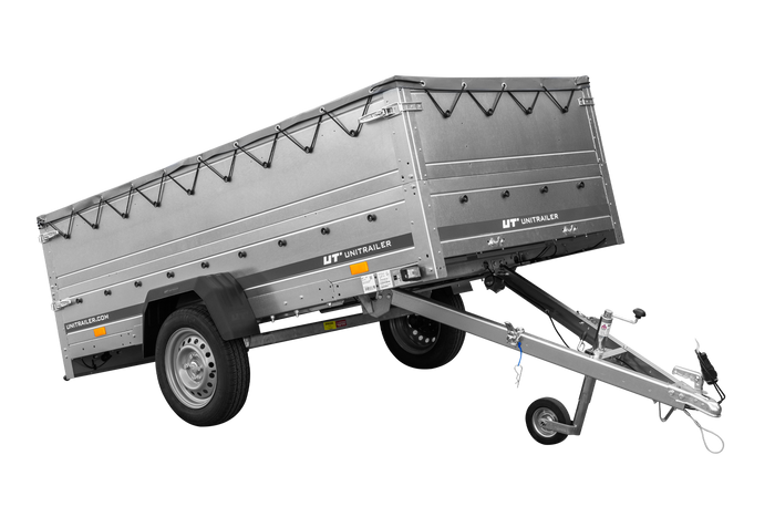 Przyczepka jednoosiowa na resorach 264x125 UNITRAILER GARDEN 264/R KIPP z burtami BIS, stelażem H-0 i plandeką szarą