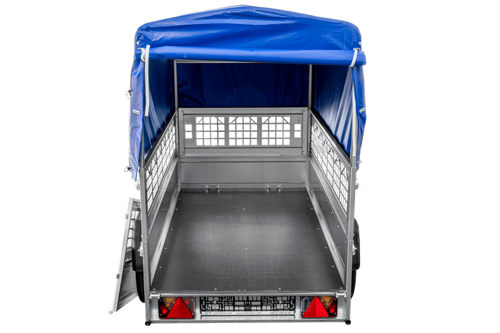 Przyczepka lekka 200x106 UNITRAILER GARDEN 200 KIPP z burtami siatkowymi, stelażem H-800 i pokrowcem niebieskim