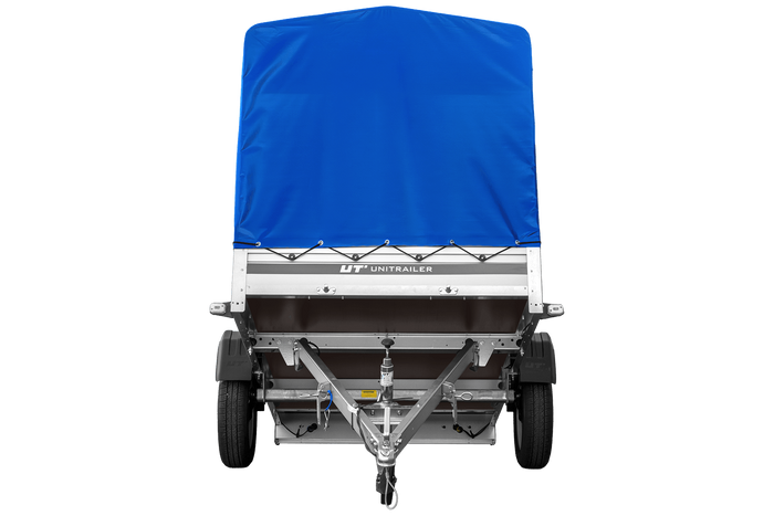 Przyczepka samochodowa z burtami aluminiowymi 230x125 Unitrailer Garden 230 KIPP ALU ze stelażem H1100 i pokrowcem niebieskim
