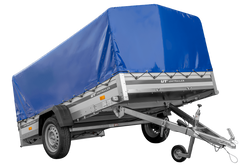 Przyczepka jednoosiowa z burtami aluminiowymi 264x150 Unitrailer Garden 265 KIPP ALU ze stelażem H-800 i pokrowcem niebieskim