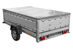 Przyczepka jednoosiowa z burtami aluminiowymi 264x150 Unitrailer Garden 265 KIPP ALU z burtami BIS, stelażem H-0 i pokrowcem szarym
