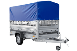Przyczepka samochodowa na resorach 264x125 UNITRAILER FORCE 264/R KIPP z burtami siatkowymi, stelażem H-800 i pokrowcem niebieskim