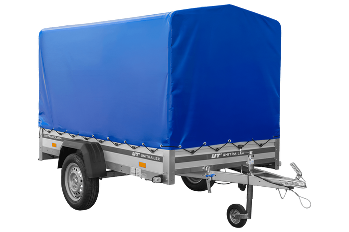 Przyczepka samochodowa z burtami aluminiowymi 230x125 Unitrailer Garden 230 KIPP ALU ze stelażem H1100 i pokrowcem niebieskim