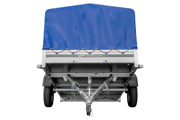 Przyczepka jednoosiowa z burtami aluminiowymi 264x150 Unitrailer Garden 265 KIPP ALU ze stelażem H-800 i pokrowcem niebieskim