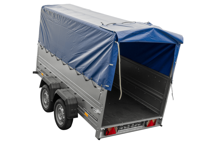 Przyczepka dwuosiowa 264x125 UNITRAILER GARDEN 264/2 KIPP z burtami BIS, stelażem H-800 i pokrowcem niebieskim