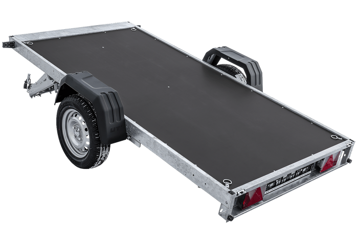Przyczepka samochodowa na resorach 264x125 UNITRAILER FORCE 264/R KIPP z burtami siatkowymi, stelażem H-800 i pokrowcem niebieskim