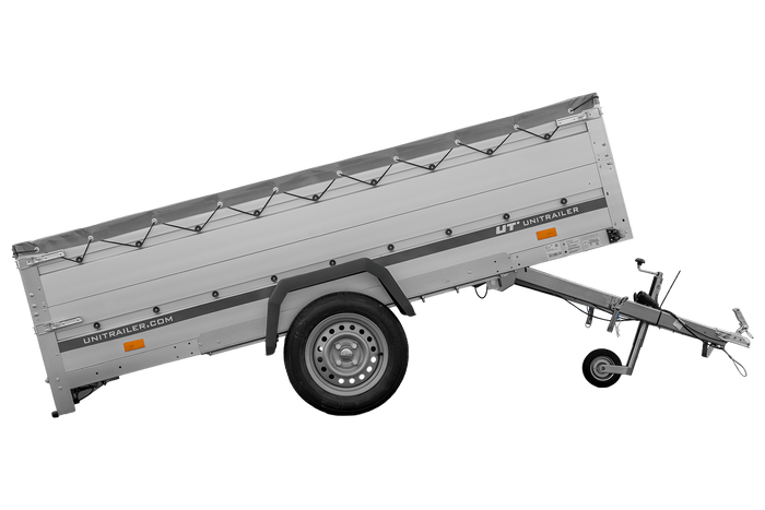 Przyczepka jednoosiowa z burtami aluminiowymi 264x150 Unitrailer Garden 265 KIPP ALU z burtami BIS, stelażem H-0 i pokrowcem szarym