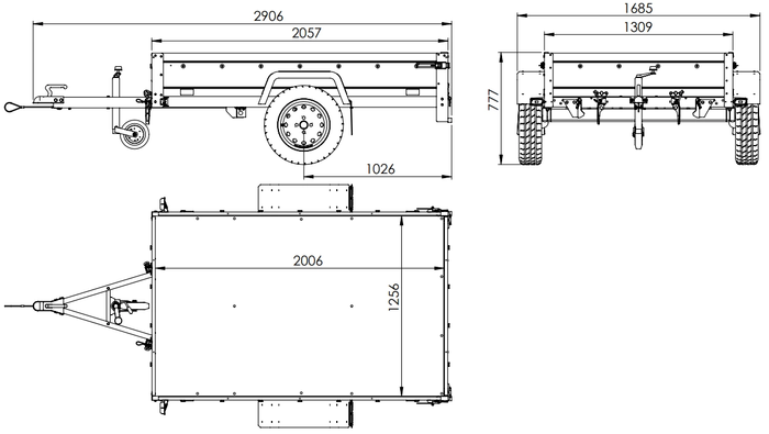 Przyczepka jednoosiowa na resorach z burtami aluminiowymi 200x125 Unitrailer Garden 201/R KIPP ALU ze stelażem H-0 i pokrowcem szarym