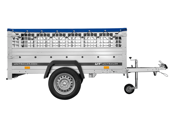 Przyczepka jednoosiowa 200x106 UNITRAILER GARDEN 200 KIPP z burtami siatkowymi i plandeką niebieską