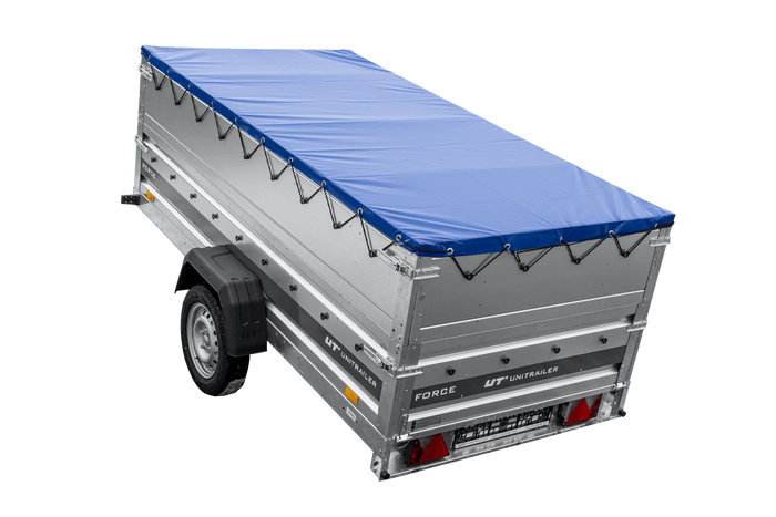Przyczepka lekka 264x125 UNITRAILER FORCE 264 KIPP z burtami BIS, stelażem H-0 i pokrowcem niebieskim