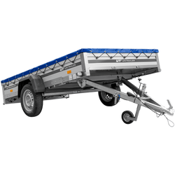 Przyczepka samochodowa z burtami aluminiowymi 264x150 Unitrailer Garden 265 KIPP ALU ze stelażem H-0 i pokrowcem niebieskim