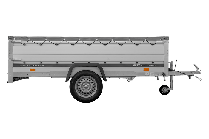 Przyczepka jednoosiowa z burtami aluminiowymi 264x150 Unitrailer Garden 265 KIPP ALU z burtami BIS, stelażem H-0 i pokrowcem szarym