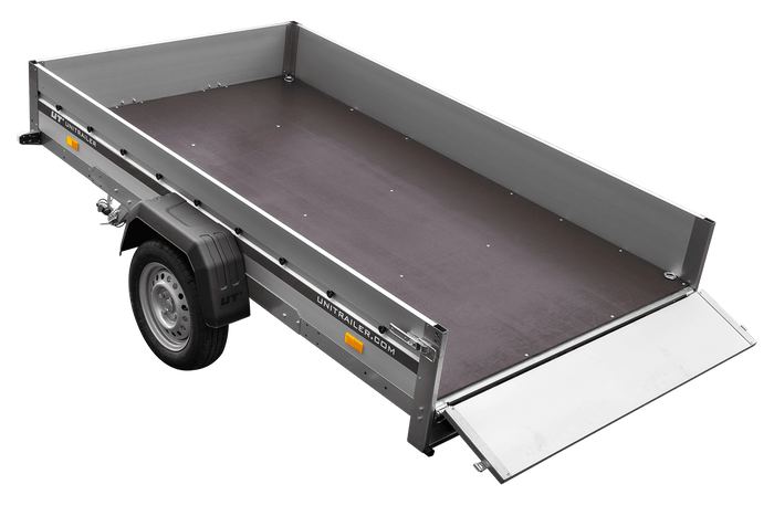 Przyczepka jednoosiowa z burtami aluminiowymi 264x150 Unitrailer Garden 265 KIPP ALU z burtami BIS, stelażem H-0 i pokrowcem szarym