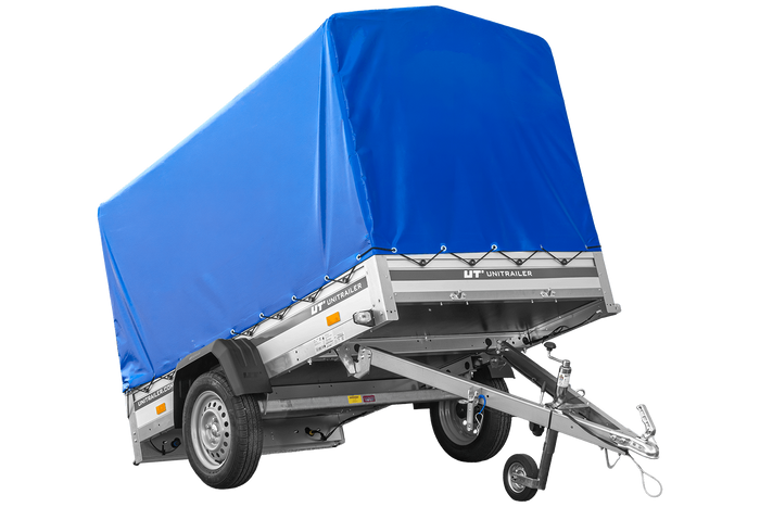 Przyczepka samochodowa z burtami aluminiowymi 230x125 Unitrailer Garden 230 KIPP ALU ze stelażem H1100 i pokrowcem niebieskim