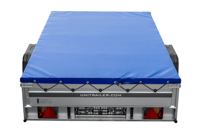 Przyczepka samochodowa z burtami aluminiowymi 264x150 Unitrailer Garden 265 KIPP ALU ze stelażem H-0 i pokrowcem niebieskim