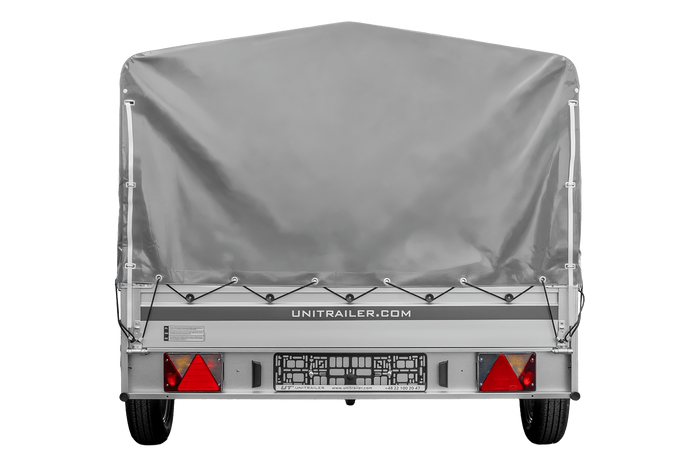 Przyczepka jednoosiowa z burtami aluminiowymi 264x150 Unitrailer Garden 265 KIPP ALU ze stelażem H-800 i pokrowcem szarym