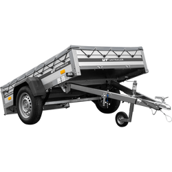 Przyczepka jednoosiowa na resorach z burtami aluminiowymi 200x125 Unitrailer Garden 201/R KIPP ALU ze stelażem H-0 i pokrowcem szarym