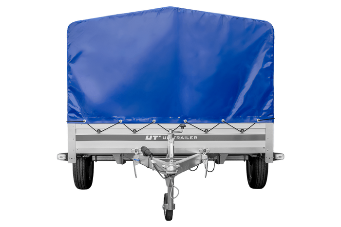 Przyczepka jednoosiowa z burtami aluminiowymi 264x150 Unitrailer Garden 265 KIPP ALU ze stelażem H-800 i pokrowcem niebieskim