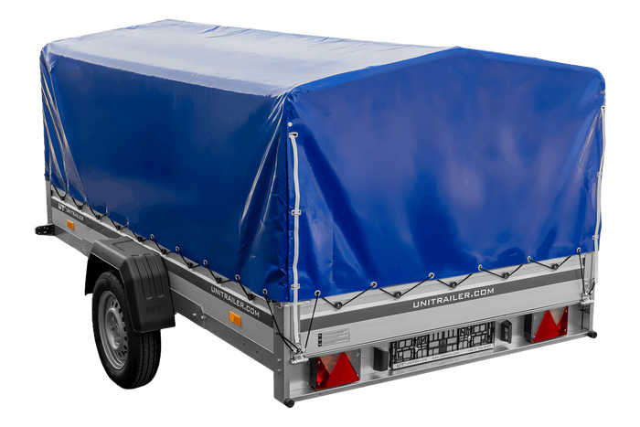 Przyczepka jednoosiowa z burtami aluminiowymi 264x150 Unitrailer Garden 265 KIPP ALU ze stelażem H-800 i pokrowcem niebieskim