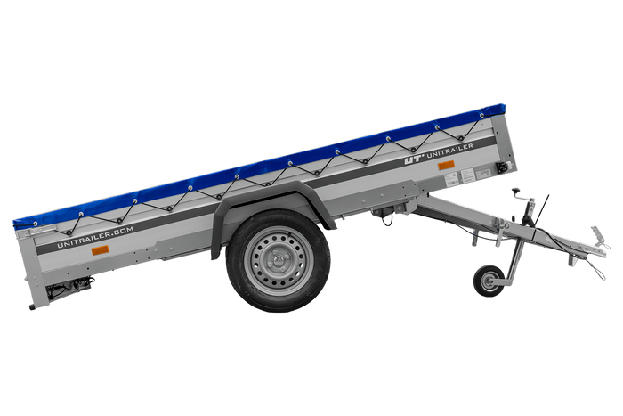 Przyczepka samochodowa z burtami aluminiowymi 264x150 Unitrailer Garden 265 KIPP ALU ze stelażem H-0 i pokrowcem niebieskim