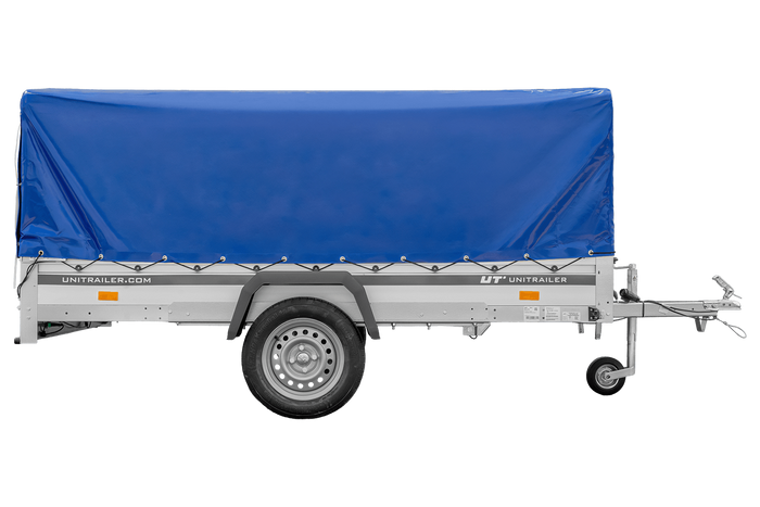 Przyczepka jednoosiowa z burtami aluminiowymi 264x150 Unitrailer Garden 265 KIPP ALU ze stelażem H-800 i pokrowcem niebieskim