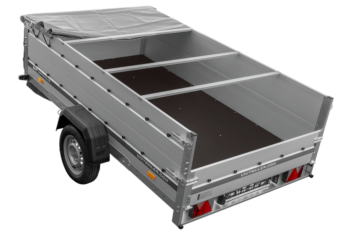 Przyczepka jednoosiowa z burtami aluminiowymi 264x150 Unitrailer Garden 265 KIPP ALU z burtami BIS, stelażem H-0 i pokrowcem szarym