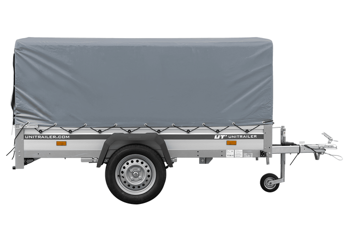 Przyczepka jednoosiowa na resorach z burtami aluminiowymi 230x125 Unitrailer Garden 230/R KIPP ALU ze stelażem H-800 i pokrowcem szarym