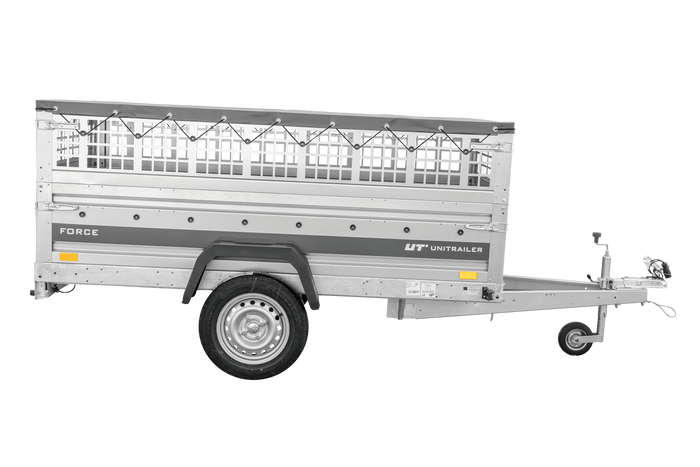 Przyczepka jednoosiowa 230x125 UNITRAILER FORCE 230 KIPP z burtami siatkowymi, stelażem H-0 i pokrowcem szarym