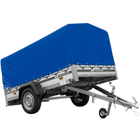 Przyczepka jednoosiowa na resorach z burtami aluminiowymi 230x125 Unitrailer Garden 230/R KIPP ALU ze stelażem H-800 i pokrowcem niebieskim
