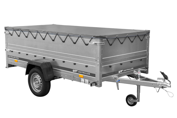 Przyczepka jednoosiowa na resorach 264x125 UNITRAILER GARDEN 264/R KIPP z burtami BIS, stelażem H-0 i plandeką szarą