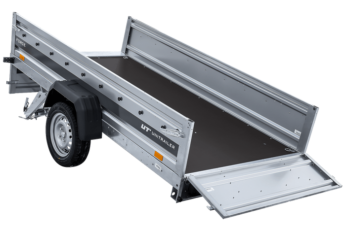 Przyczepka jednoosiowa 264x125 UNITRAILER FORCE 264 KIPP z burtami siatkowymi, stelażem H-0 i pokrowcem niebieskim