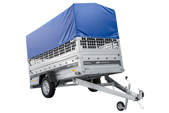 Przyczepka samochodowa na resorach 264x125 UNITRAILER FORCE 264/R KIPP z burtami siatkowymi, stelażem H-800 i pokrowcem niebieskim